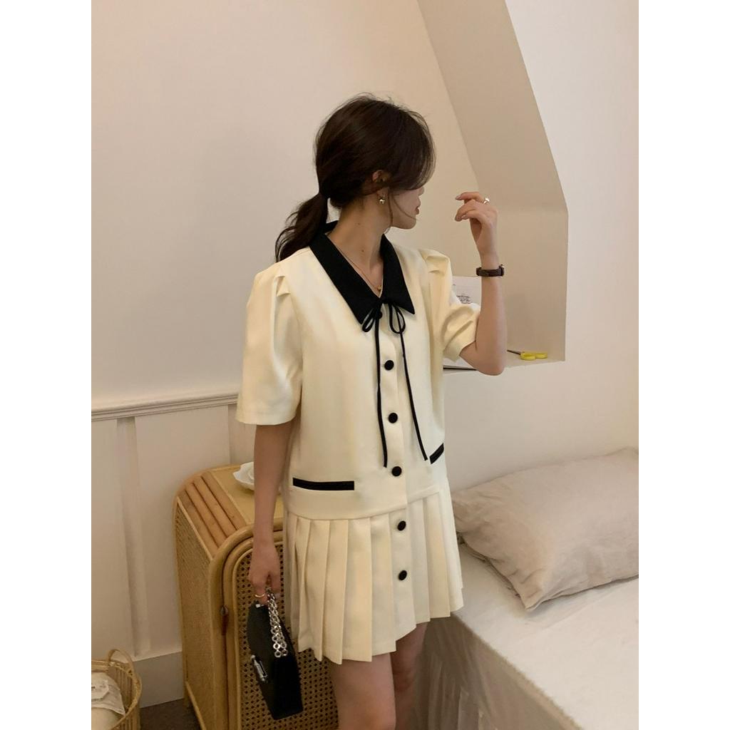 Đầm Ngắn Xếp Ly Dáng Rộng Màu Sắc Tương Phản Phong Cách Hàn Quốc 62585