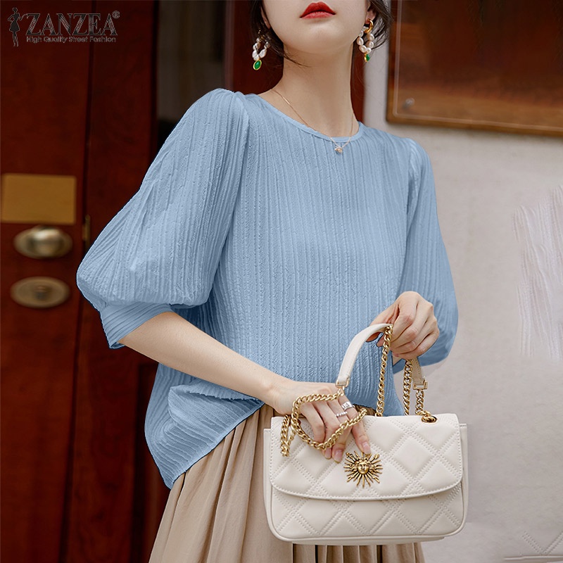 Áo kiểu Zanzea tay lỡ 3/ 4 cổ tròn màu trơn thời trang dành cho nữ