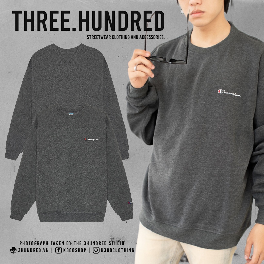 Áo Tay Dài Sweater Champion Chữ Thêu Sắc Nét Có Chất Liệu NỈ Bông Cotton Màu Xám