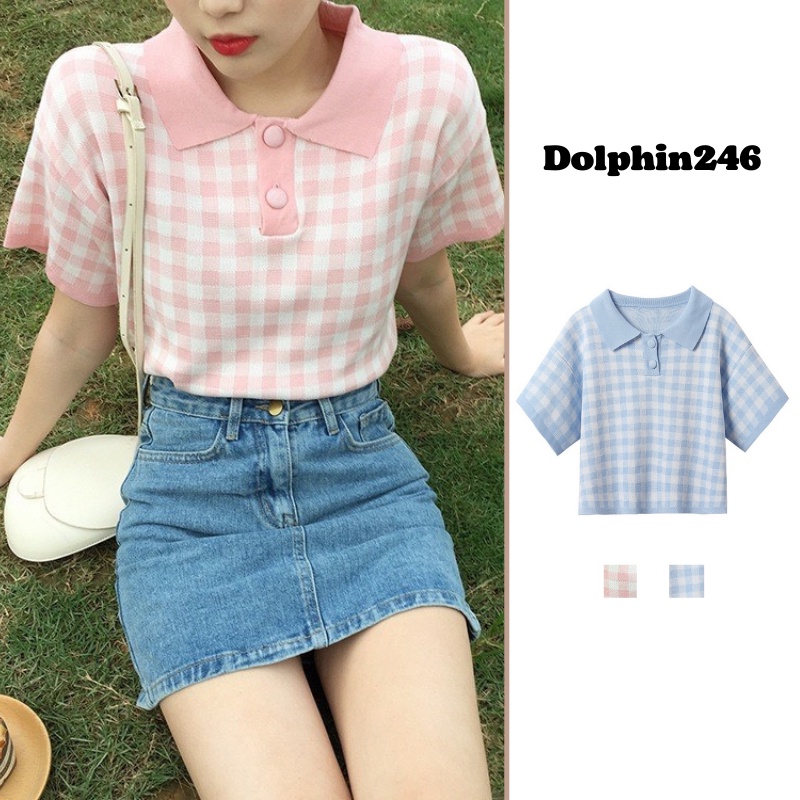 Áo polo dệt kim croptop tay ngắn họa tiết sọc caro kiểu Hàn Quốc S4T2-1