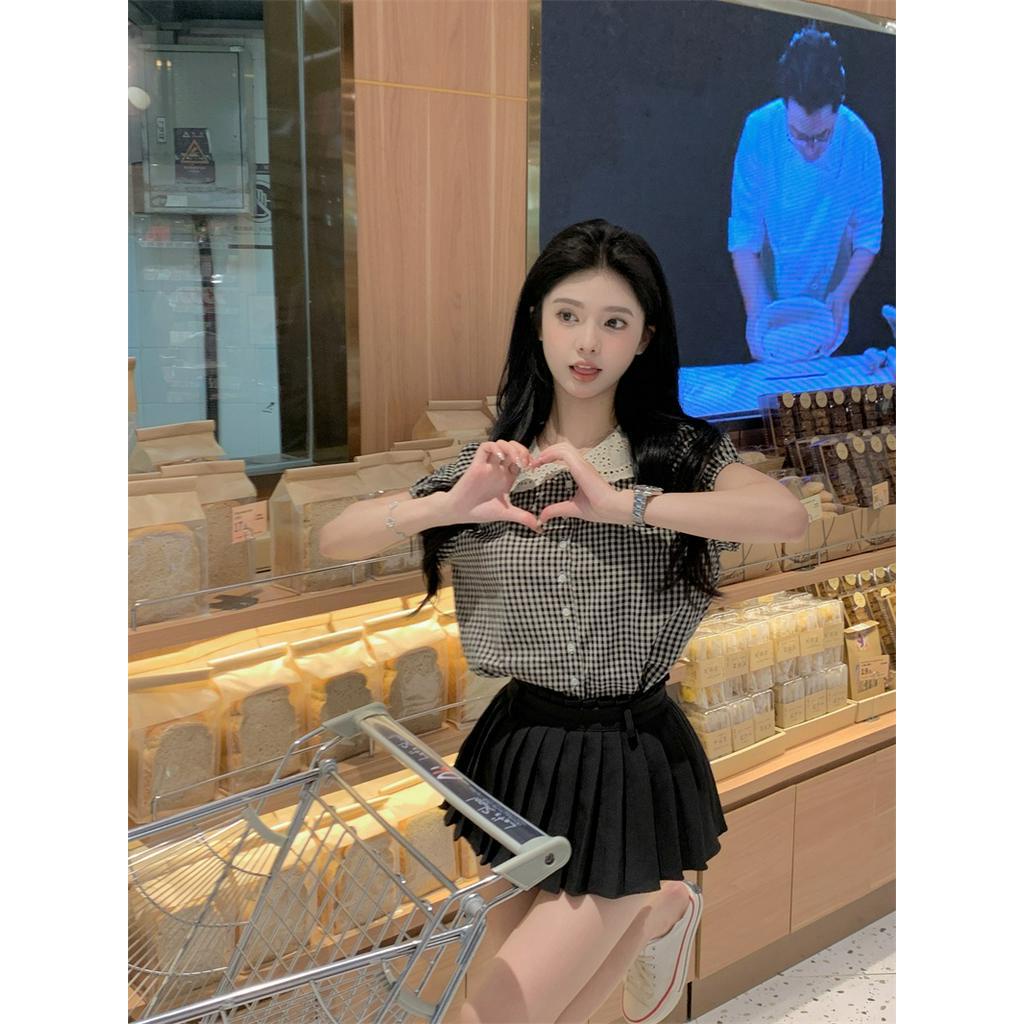 Áo Sơ Mi Kẻ Ô Cổ Tròn Ngắn Tay Phong Cách Hàn Quốc Mới 63694