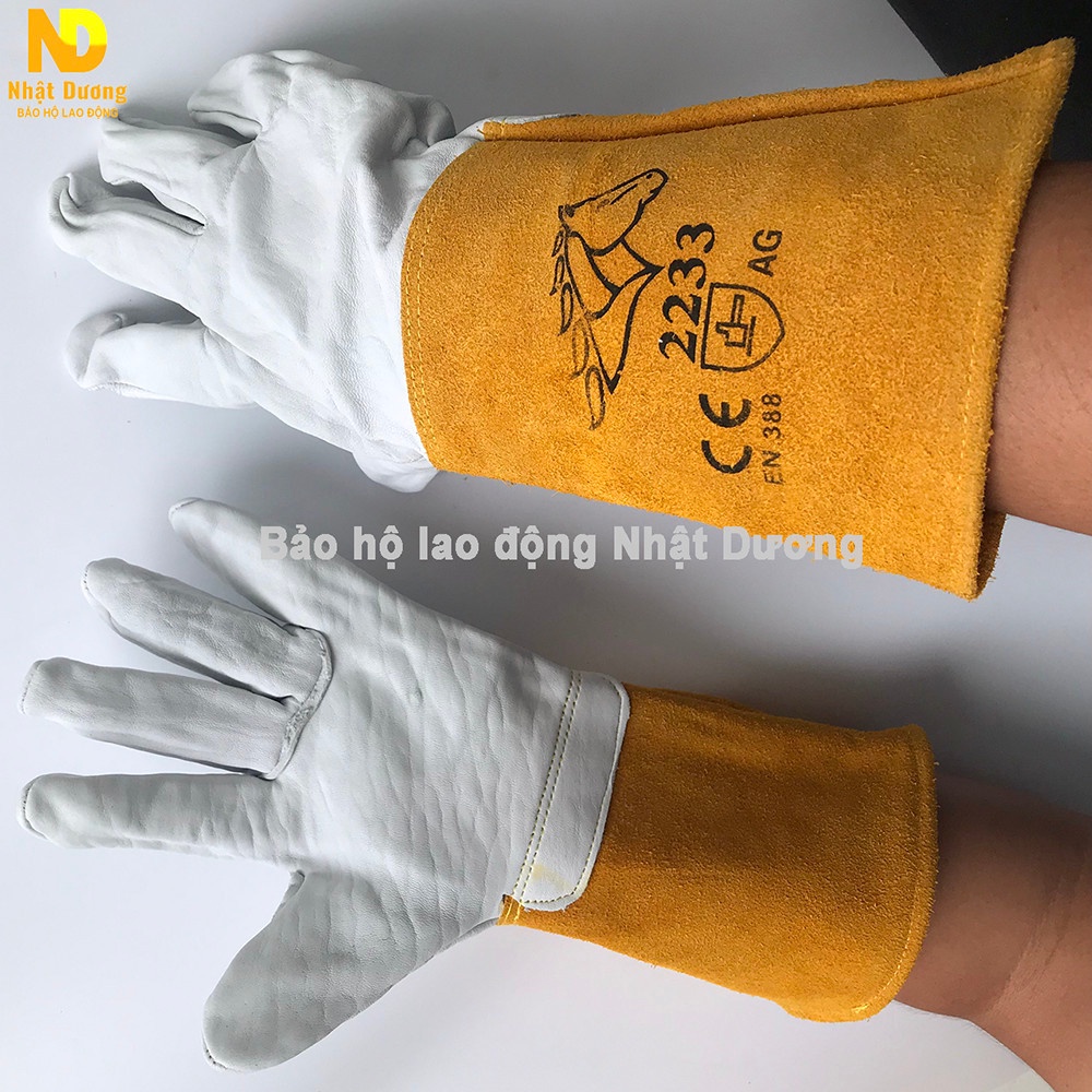 Găng tay da hàn tig ngựa trắng vàng 2233 da nguyên tấm trên trong găng tay lót cotton - Nsafe