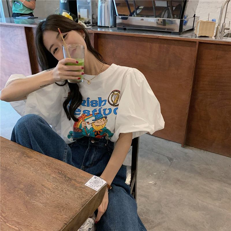 Áo thun tay phồng ngắn dáng rộng in hoạt hình kiểu Hàn Quốc thời trang mùa hè
