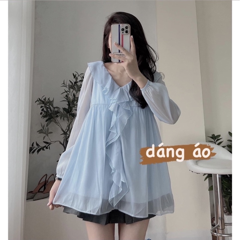 Áo babydoll bèo ngực chất voan tơ tay bồng điệu, Áo kiểu tiểu thư màu xanh dương bèo nhún form rộng | BigBuy360 - bigbuy360.vn
