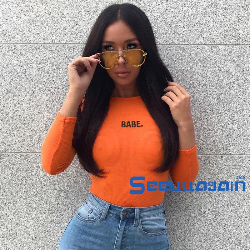 Bodysuit Họa Tiết In Chữ Dài Tay Cổ Tròn Màu Trơn Ôm Dáng Hợp Thời Trang Cho Nữ | BigBuy360 - bigbuy360.vn