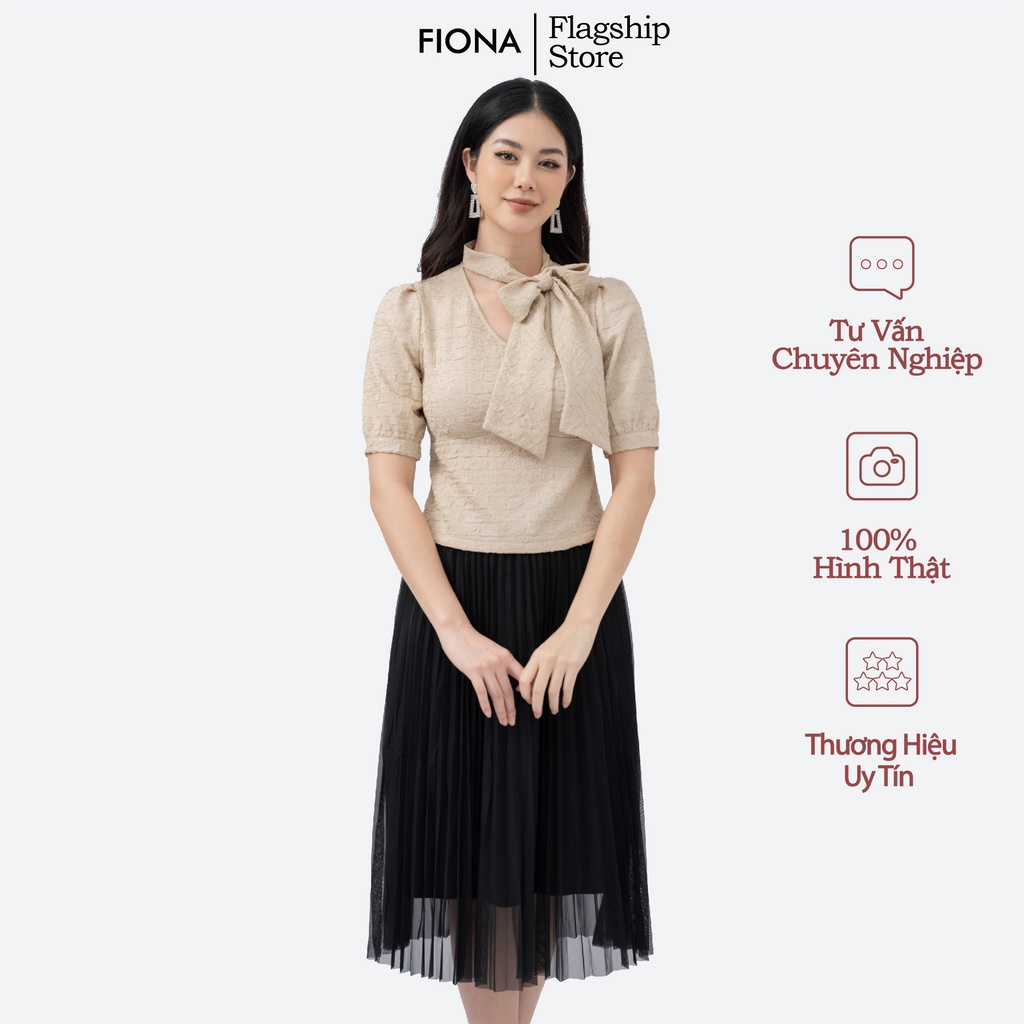 Áo sơ mi croptop cổ tim Fiona, Sơ mi nữ công sở kẹp nơ trang trí F551306