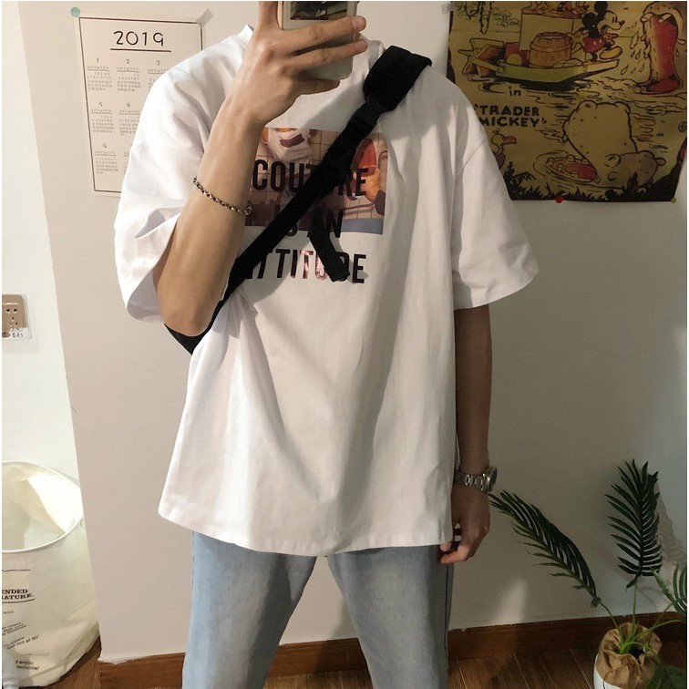 Áo thun nam tay lỡ in chữ kiểu dáng basic form rộng cực năng động