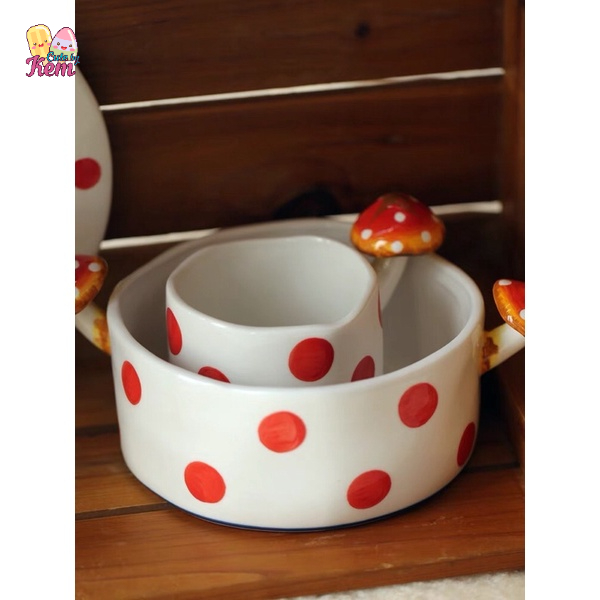 Ấm trà, cốc hình nấm, đĩa, tô sứ có tay cầm hình nấm đáng yêu