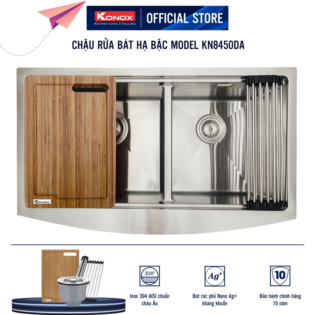 Chậu rửa bát inox đúc nguyên khối  KONOX Apron Series KN8450DA, inox 304AISI, full set gồm Siphon+Thớt gỗ+Rollmat