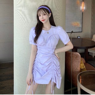 Đầm Nữ Ngắn Tay Cổ Chữ V Eo Bó Thời Trang