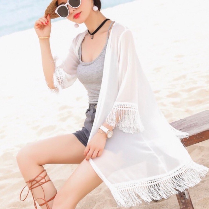 Áo khoác kimon đi biển dáng dài áo choàng bikini tay phồng | BigBuy360 - bigbuy360.vn