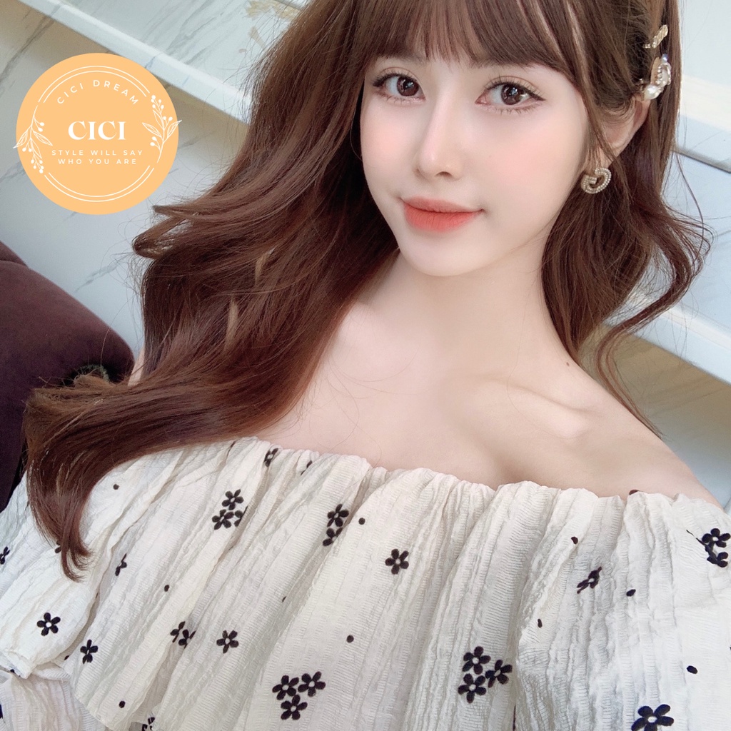 Áo croptop trễ vai hoa nhí tay dài, Áo croptop trắng trễ vai bèo sang chảnh nàng thơ phong cách Hàn Quốc