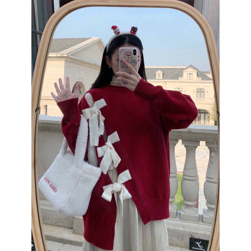 Áo Sweater Dáng Rộng Đính Nơ Xinh Xắn - MUOJ - Chất Len Mịn Loại Cao Cấp