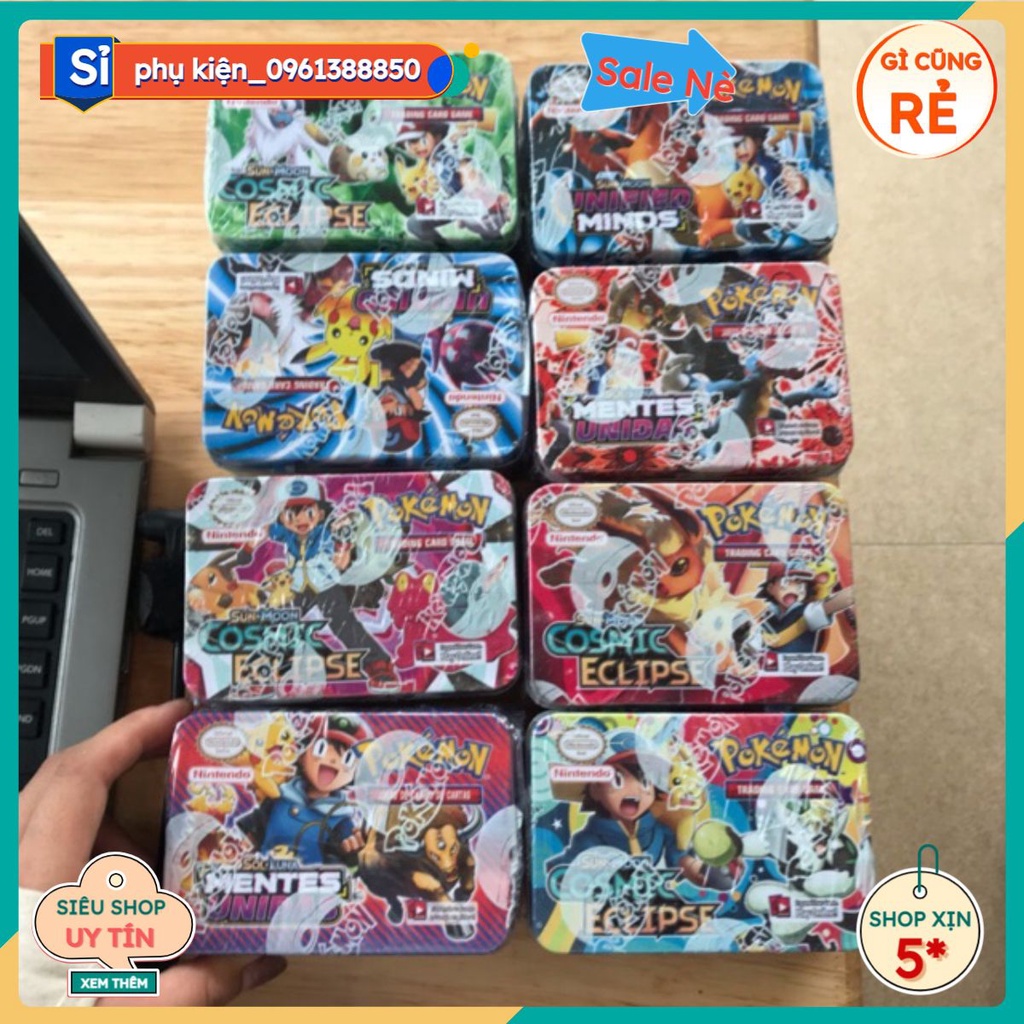 Bộ thẻ bài pokemon hộp sắt tặng kèm 1 thẻ tráng nhũ đẹp