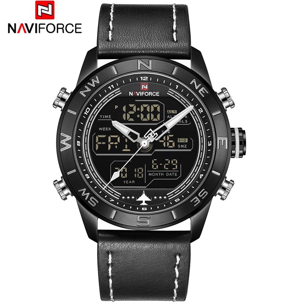 NAVIFORCE NF9144 Đồng hồ thạch anh dây da thể thao kỹ thuật số LED tương tự quân đội nam