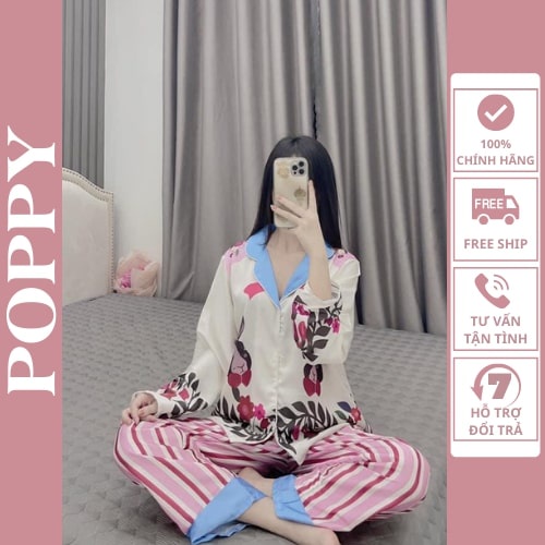 Bộ mặc nhà nữ cao cấp, Đồ bộ nữ quần dài lụa LATIN đẹp Đồ ngủ pijama nữ hàn quốc POPPY-A11