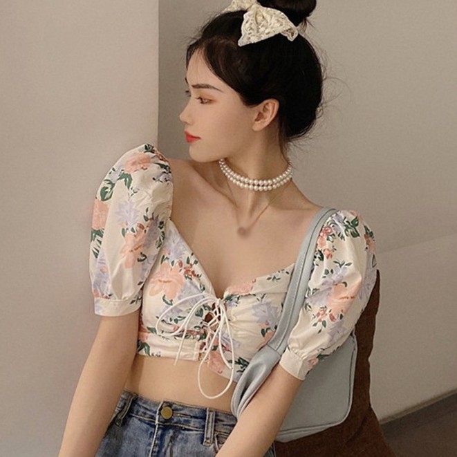 Áo Chiffon Tay Ngắn Cổ Chữ V In Hoa Xinh Xắn Thời Trang Cho Nữ