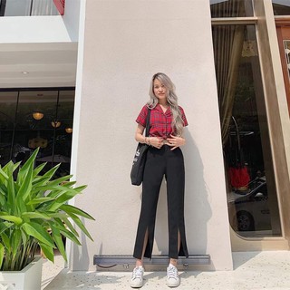 Quần tây nữ ống loe xẻ trước dài 94cm chất tuyết mưa lưng cao cho các nàng công sở Q2026