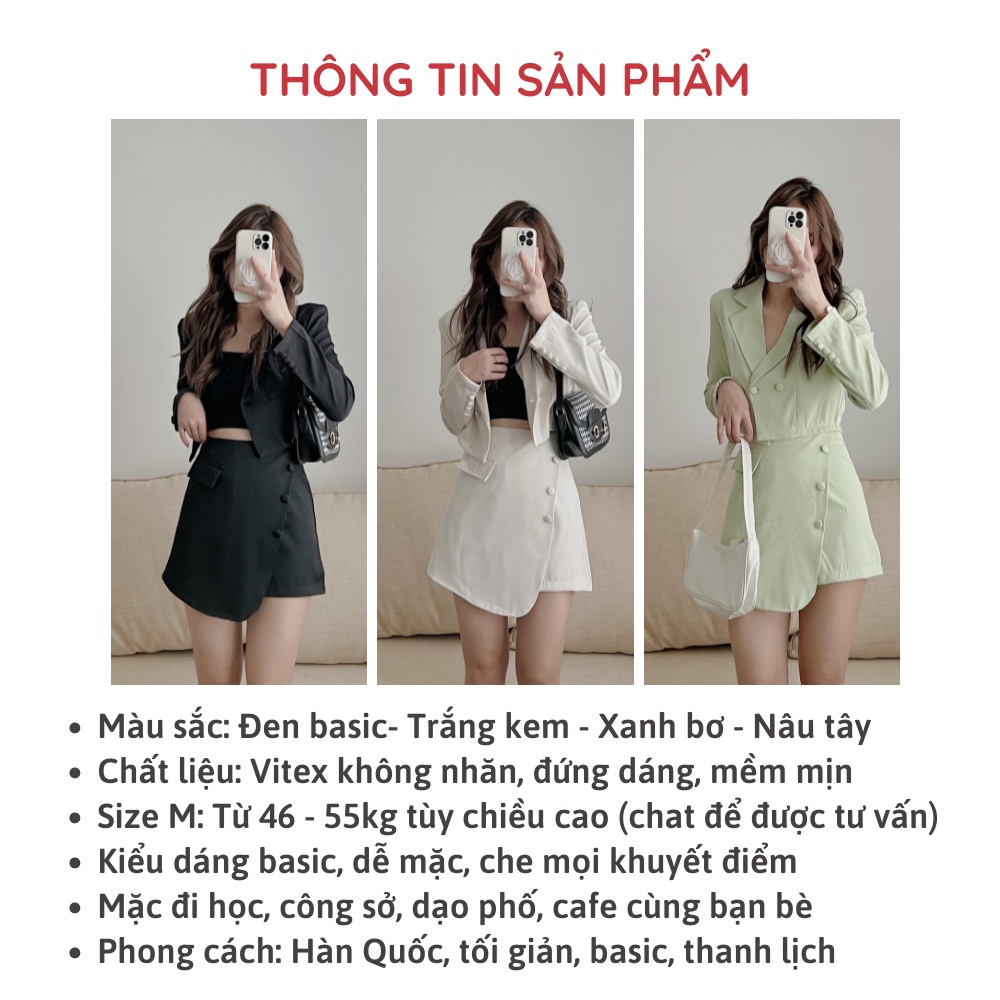 Set đồ nữ áo blazer dáng ngắn đệm vai cúc bọc kèm quần giả váy vạt xéo nhiều màu Sollle