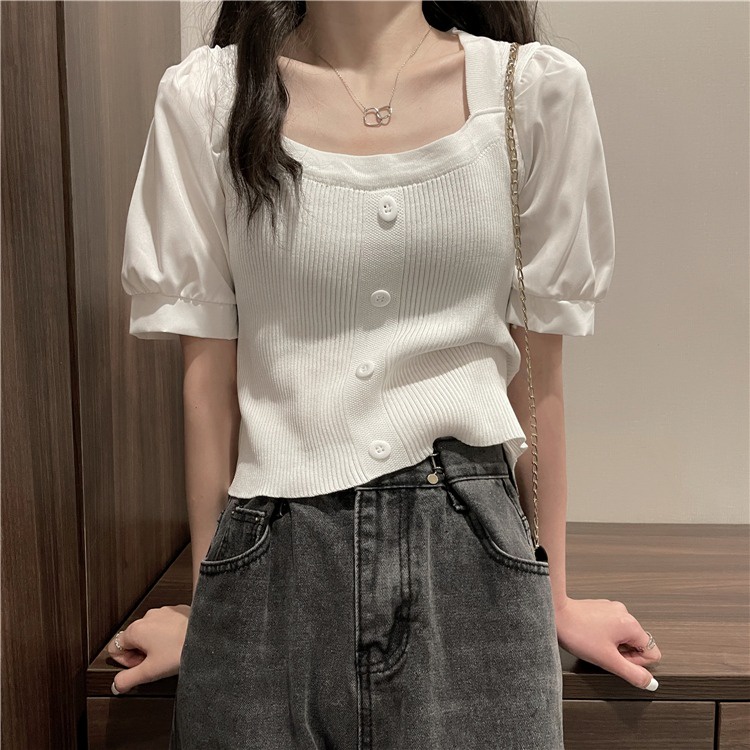 Áo thun ZHELIHANGFEI dệt kim tay phồng cổ vuông thời trang mùa hè dành cho nữ