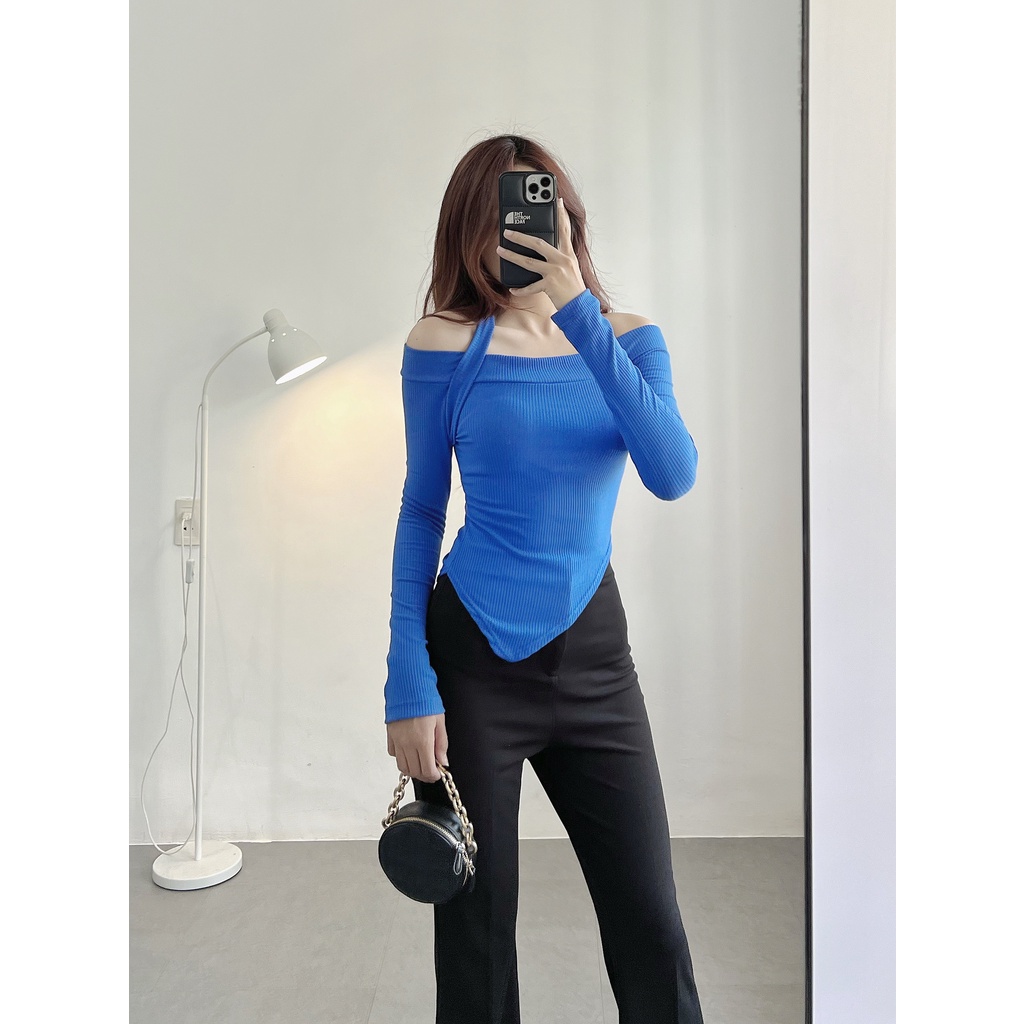 Áo croptop HHVINTAGE bẹt vai lệch tà tay dài chất thun co giãn