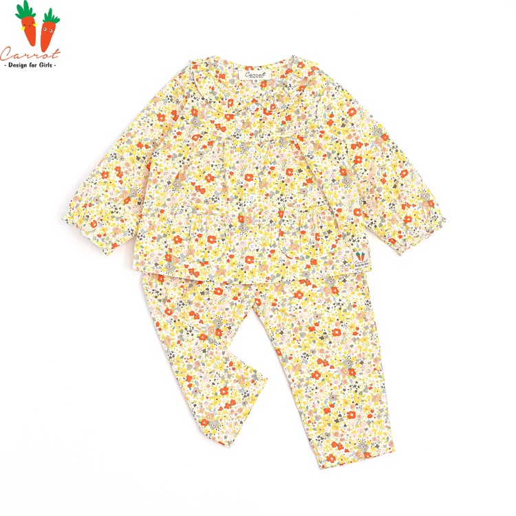 Bộ Dài Tay Cho Bé Gái Carrot, Họa Tiết Hoa Sắc Màu, Chất Thô Cotton Thoáng Mát Thấm Hút Mồ Hôi