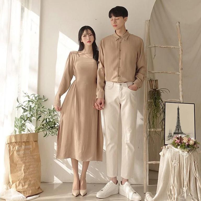 Đồ đôi nam nữ 🎀FREESHIP🎀  Set áo váy sơ mi Hàn Quốc dáng dài cổ vuông buộc eo màu hồng VSM COUPLE AV73 (có ảnh thật)