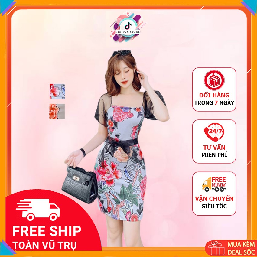 Váy ôm body, đầm body kiểu hoa hồng phối nơ TIK TOK STORE
