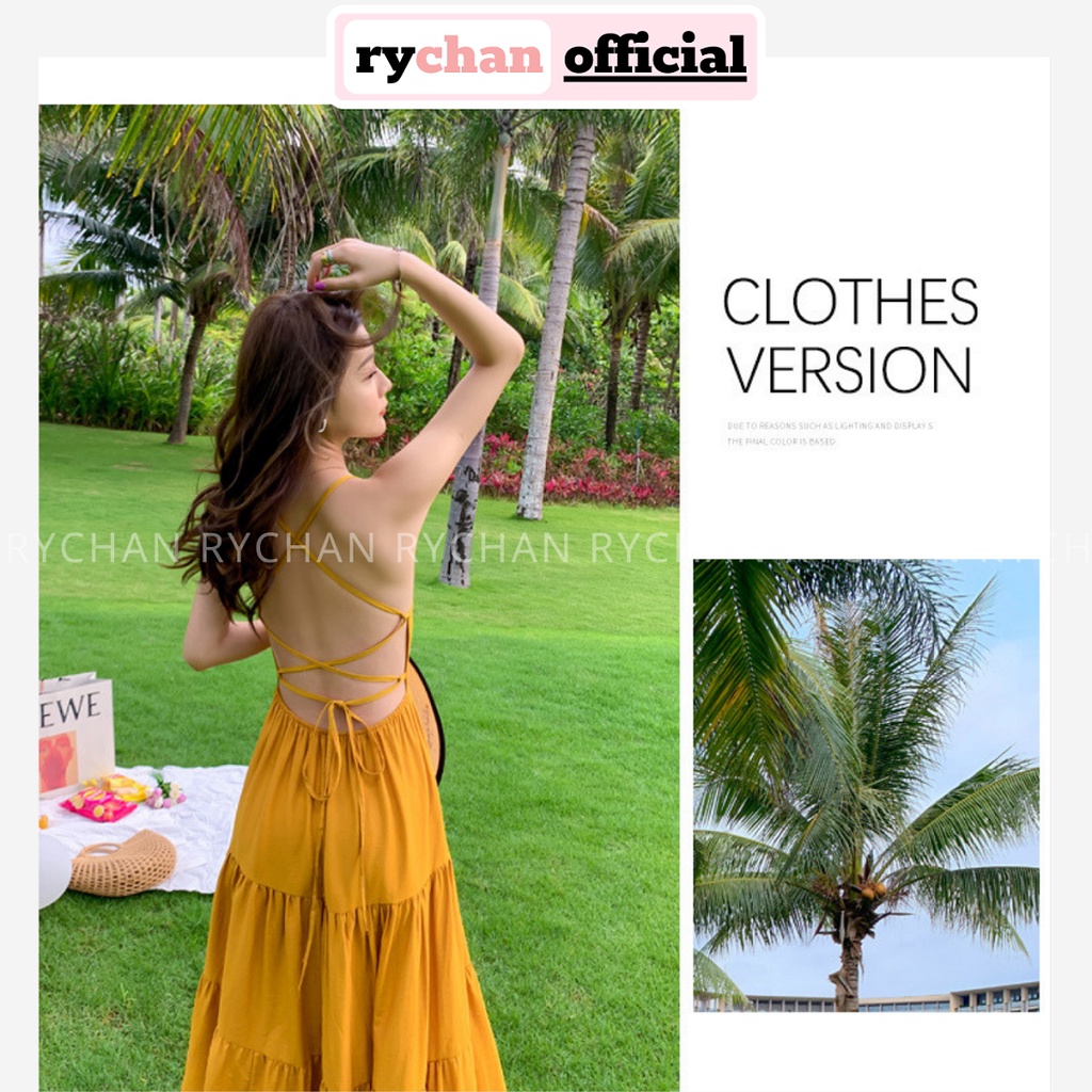 Đầm Maxi Đi Biển (Sẵn Mút Ngực) Đan Lưng Sexy Cổ Yếm Màu Vàng - DM068