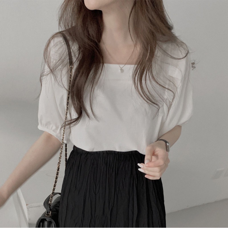 Áo sơ mi IELGY tay ngắn cổ vuông dáng rộng phong cách Pháp thời trang cho nữ