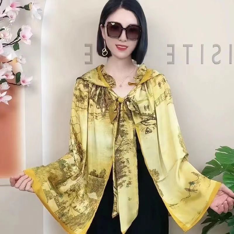 Áo Choàng Chống Nắng Đa Năng Bằng Satin Đính Ngọc Trai Kèm Mũ Trùm Đầu Che Nắng Cao Cấp