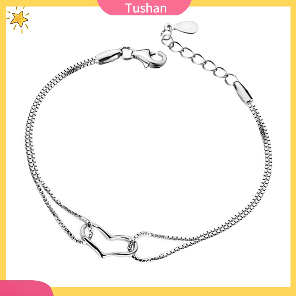 TUSH_Fashion Women Double Layer Chain Hollow Heart Charm Bracelet Bangle Jewelry