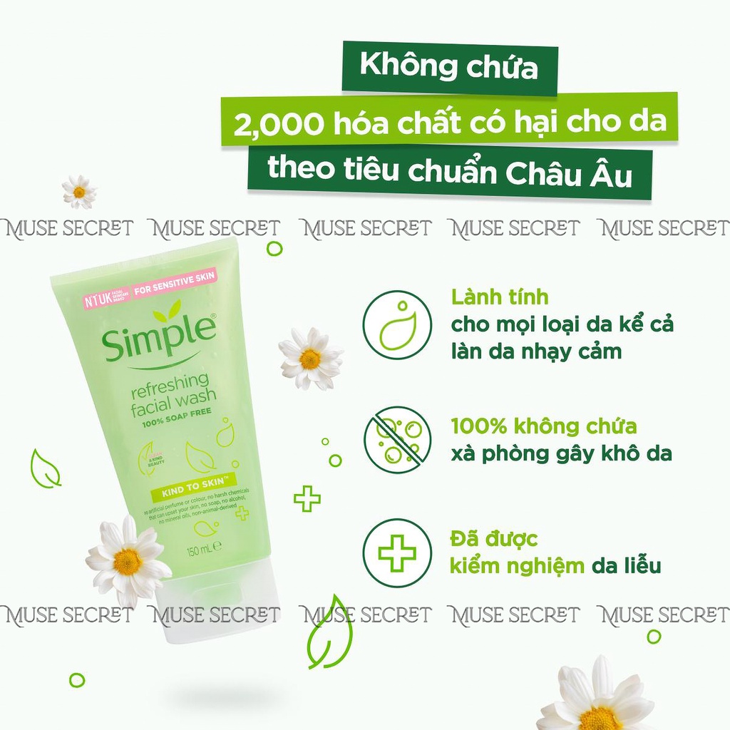 [Quà Tặng Khẩu Trang] Sữa Rửa Mặt Simple - Kind To Skin Refreshing Facial Wash Gel dịu nhẹ giúp da sạch thoáng 150ml | BigBuy360 - bigbuy360.vn