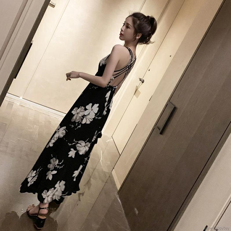 Đầm dây chiffon in hoa cổ chữ V gợi cảm duyên dáng cho nữ