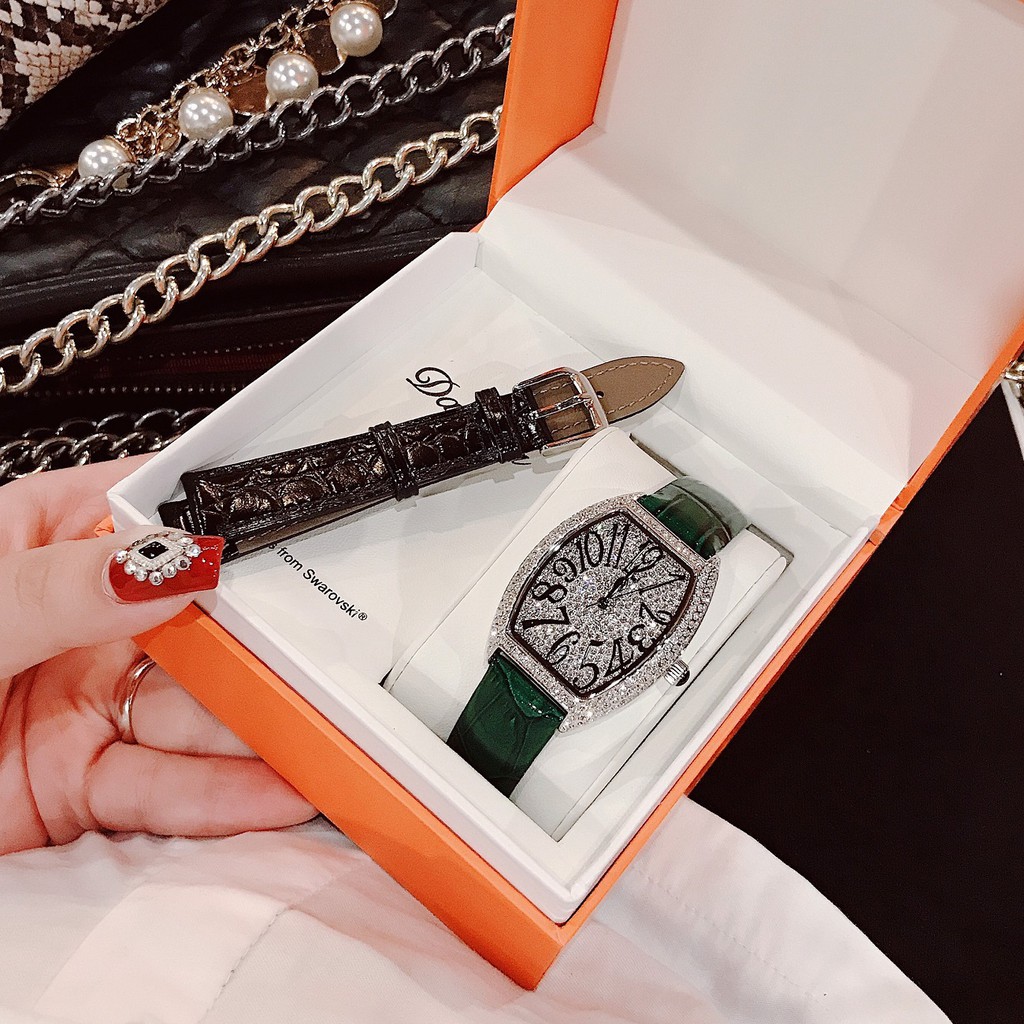Set Đồng Hồ Nữ Davena 31525 Dây Da Xanh Silver - Kèm Dây Da Đen