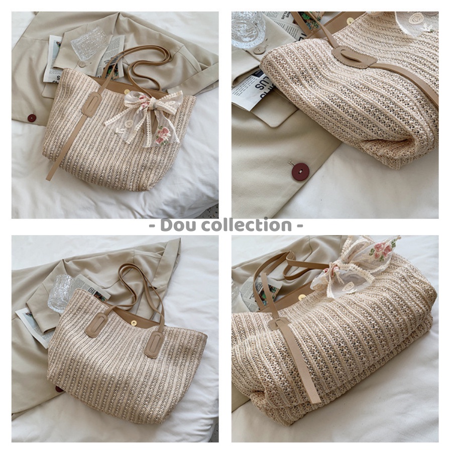 [NowShip2h] Túi Cói Đeo Vai (Túi Xách Kẹp Nách) Tote Trơn Phối Nơ Ren Thời Trang Đi Biển - Mã XT055