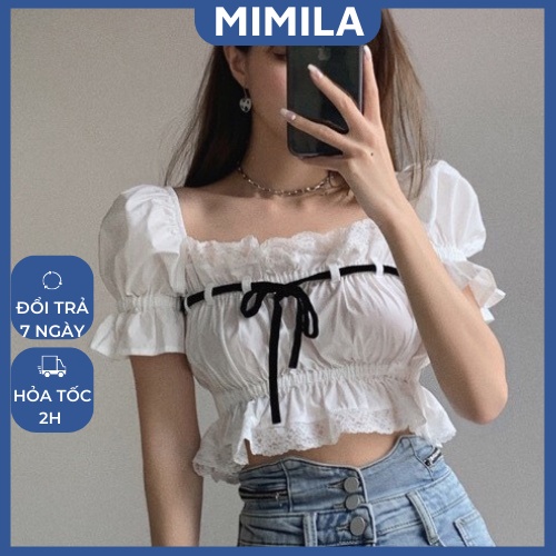 Áo Croptop Tay Ngắn MIMILA Áo Cổ Vuông Tay Ngắn Ống Tay Phồng Phối Ren Thắt Nơ Điệu Đà Nữ Tính - MA045