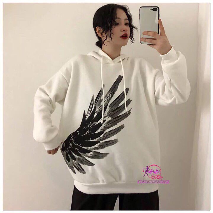 Áo hoodie nỉ Black Angel kèm ảnh thật tay dài form rộng