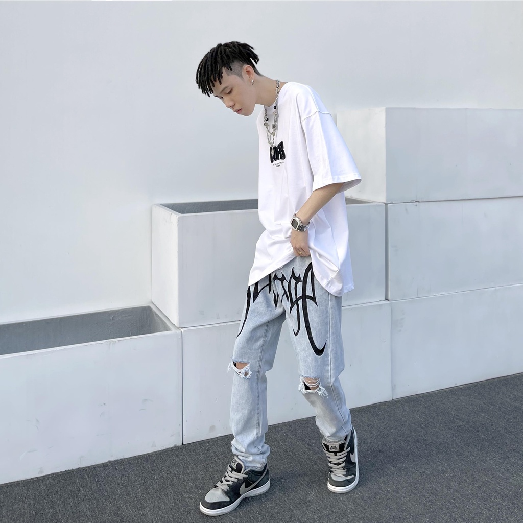 Quần Jeans Hip-Hop Đường Phố Dáng Rộng Thêu Chữ Màu Sắc Sáng Màu Nhạt Phong Cách Âu Mỹ Cho Nam