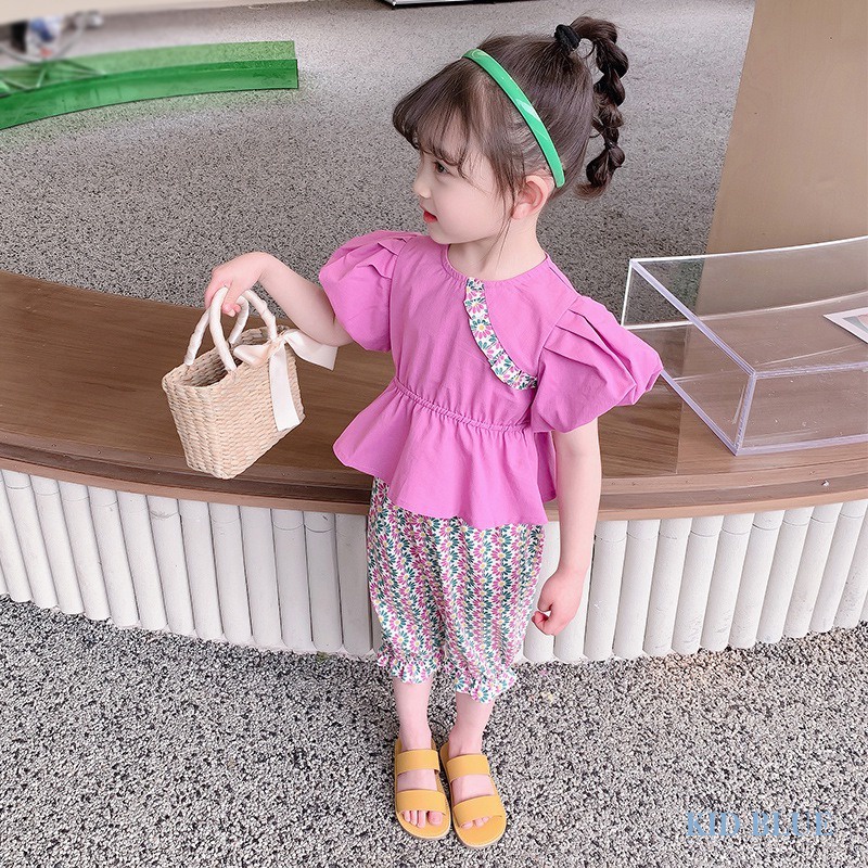 Set Áo Tay Ngắn Phồng Cổ Tròn Và Quần Lửng Họa Tiết Hoa Phong Cách Hàn Quốc Dành Cho Nữ