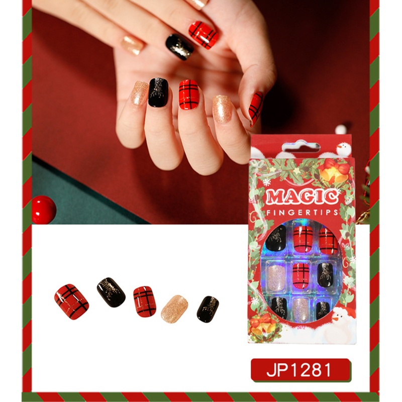 Set 24 Móng Tay Giả Hình Vuông Ngắn Phong Cách Giáng Sinh