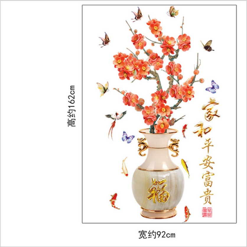 Decal trang trí tường - Chậu hoa Đỏ cùng bướm 3D nổi bật