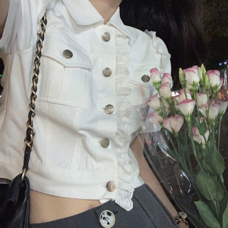 Áo Sơ Mi Denim Phối Ren Hoa Hồng Phong Cách Hàn Quốc Thời Trang Xuân Hè Mới Cho Nữ