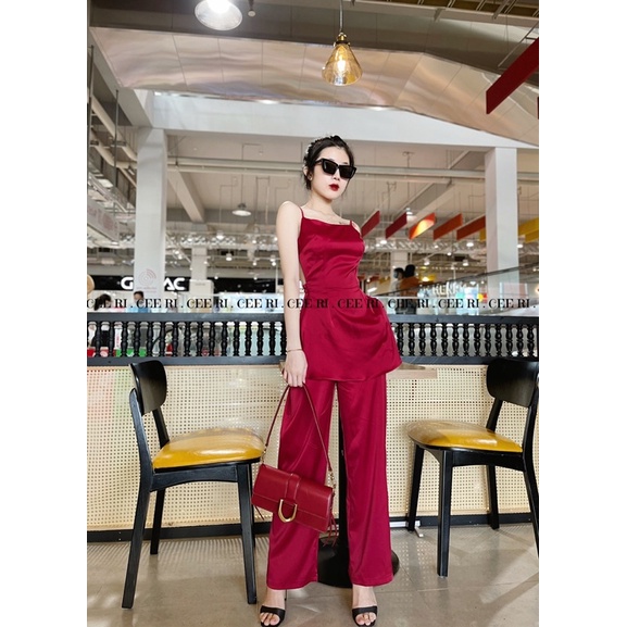 ( ẢNH THẬT - MẪU ĐỘC QUYỀN CEERI ) Set lụa cao cấp gồm áo hở lưng + quần lưng cao ( có mút ngực )