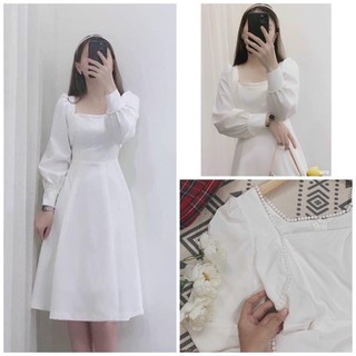 Đầm midi trắng cổ vuông ren hạt siêu xinh