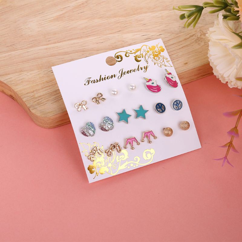 Set 9 Đôi Khuyên Tai Hình Nơ / Kỳ Lân Dễ Thương Cho Bé Gái