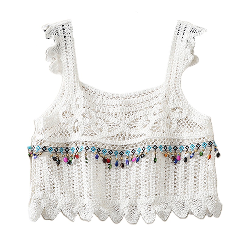 Brroa Áo Croptop Dệt Kim Không Tay Cổ Vuông Phối Bèo Và Hạt Pha Lê Tua Rua Phong Cách Boho Đi Biển Cho Nữ