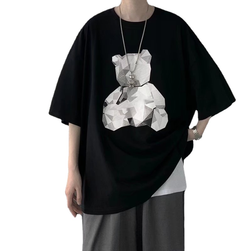 Áo Thun Nam Tay Ngắn Dáng Rộng In Hình Gấu Hoạt Hình Phong Cách Hip Hop Thời Trang Mùa Hè size M-8XL