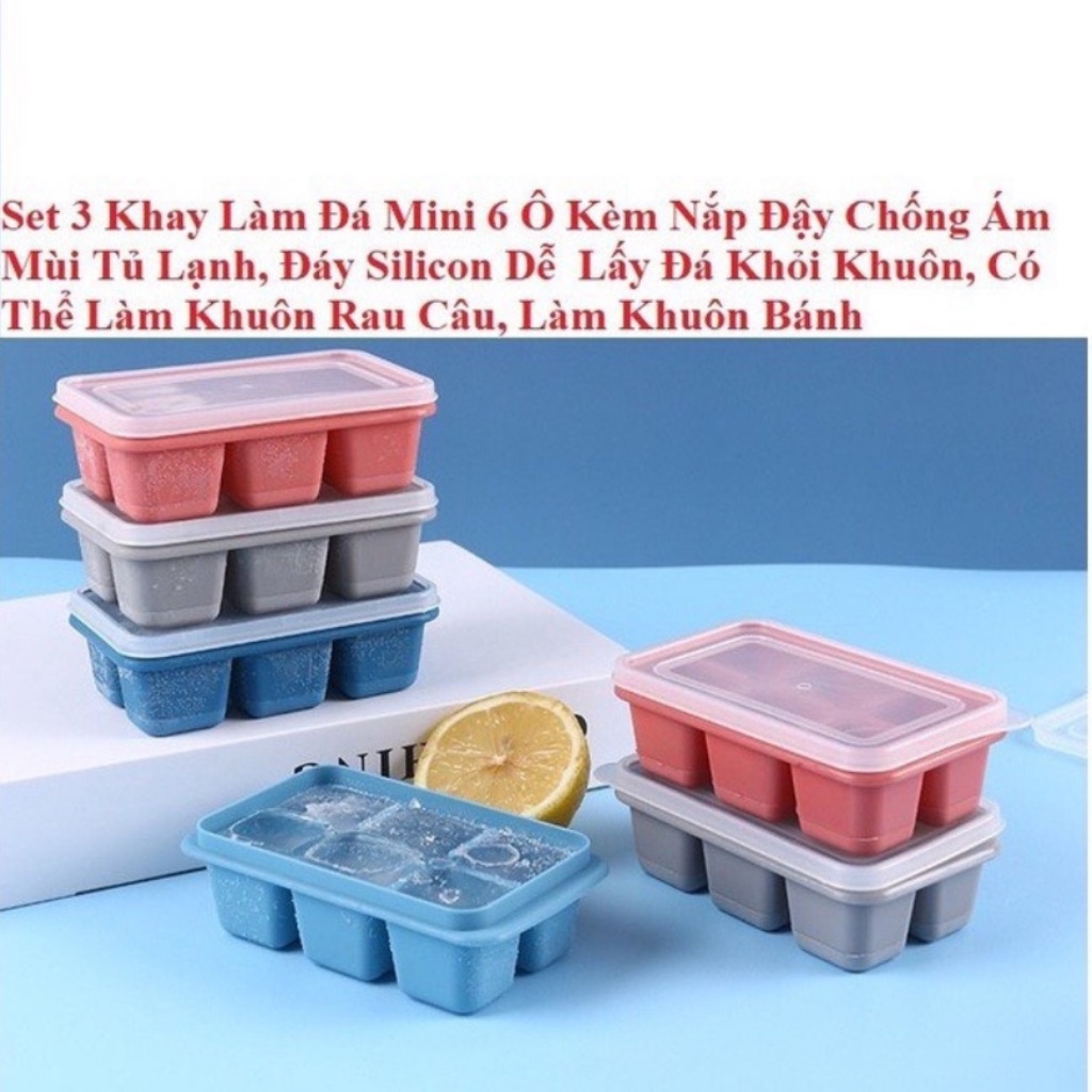 Khay làm đá, Set 3 khay làm đá đáy silicon thành bằng nhựa PP (CÓ NẮP ĐẠY) an toàn sức khỏe