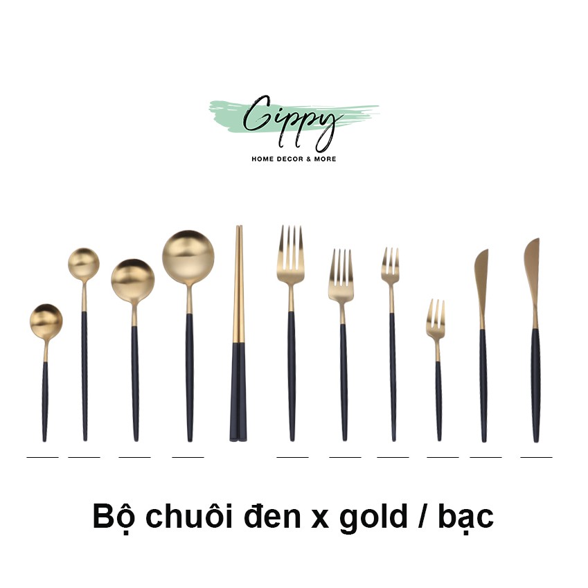 Dao thìa dĩa màu gold, màu bạc chuôi đen phong cách Bắc Âu - Gippy Decor